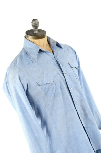 Vintage 70s Chute 1 Western Wear Southwest Solid Pale Blue Pearl Snap Shirt M - Picture 3 of 7