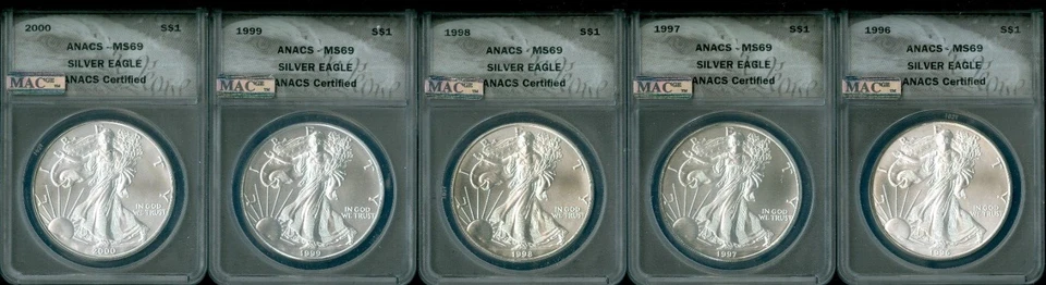 1986 TO 2025 SILVER EAGLE ANACS MS69-70 MAC SPOTLESS 50 OUNCES COINS + P MINTS . - Image 3 of 4
