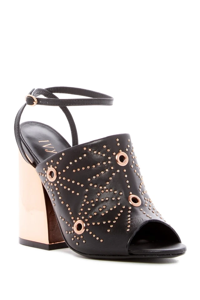 Bomba Ivy Kirzhner Epoque Negra Peep-Toe Mule Tacón Alto Bloque Adornada Dorada Foto 2 de 2