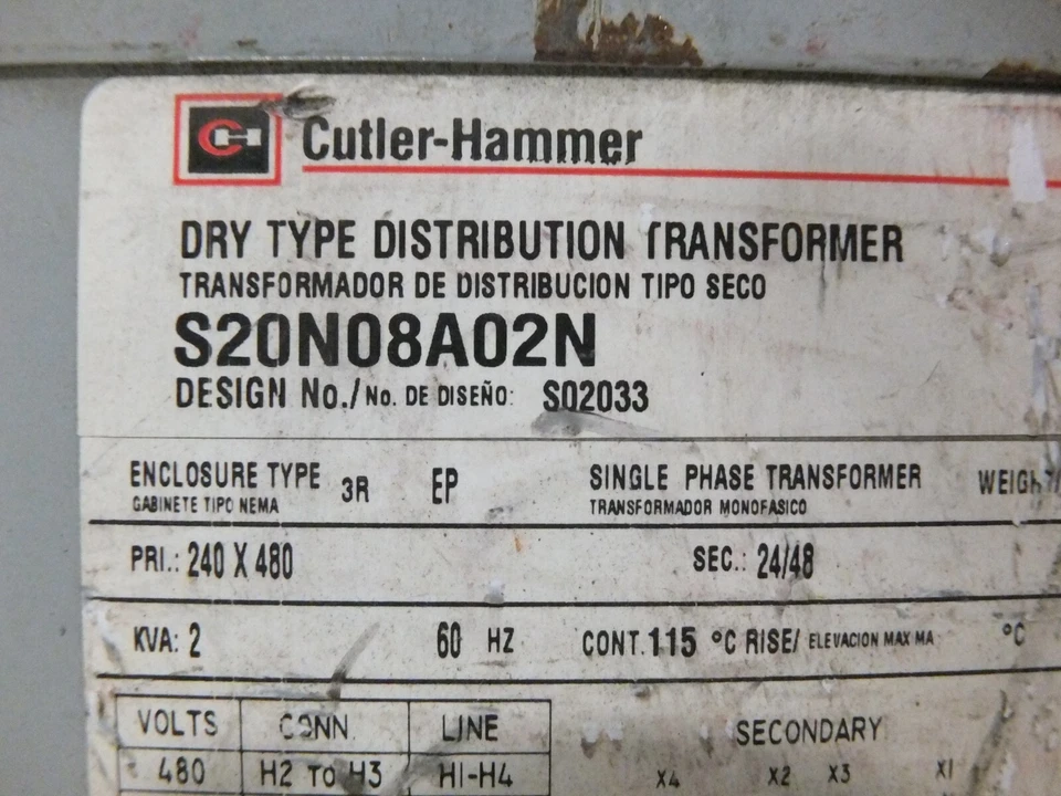 CUTLER-HAMMER CAT# S20N0A02N TRANSFORMADOR 2 kVA 1Ø PRIM: 240x480v SEC: 24/48v Foto 4 de 4