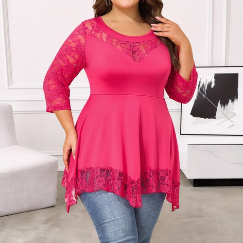 Sexy Women Lace Mesh 3/4 Sleeve Pullover T-Shirt Ladies Casual Blouse Tunic Tops - Picture 7 of 29