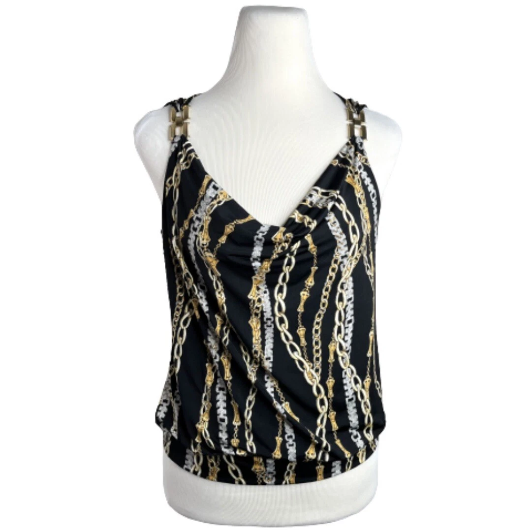 Cache Tank Top Black Gold M Ornate Chain Strap Cowl Neck Blouson Waist  Baroque