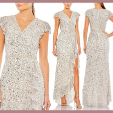NWT $398 Mac Duggal [ 8 ] Sequined Faux Wrap Ruffle Cap Sleeve Gown Nude Q583