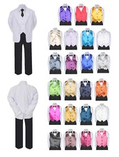 7pc Boy Formal Black  White Suit Tux Set Satin Necktie  Vest Baby 4T-20 Teens
