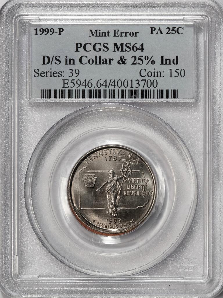 1999 PCGS MS64 Double Struck 25% Indent Pennsylvania Quarter