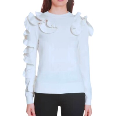 Ted Baker Wool Cashmere Blend Frills Sweater US 6 Ivory Jewel Neck Pullover NWT