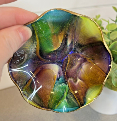 Vintage Mayfair Seetusee ENAMELED Art Glassware Ruffled Tray - Iridescent Multic
