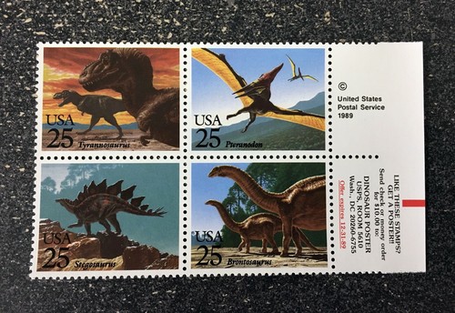 1989USA #2422-2425 25c Prehistoric Animals Dinosaurs - Copyright Selvage Block 4 - Picture 2 of 5