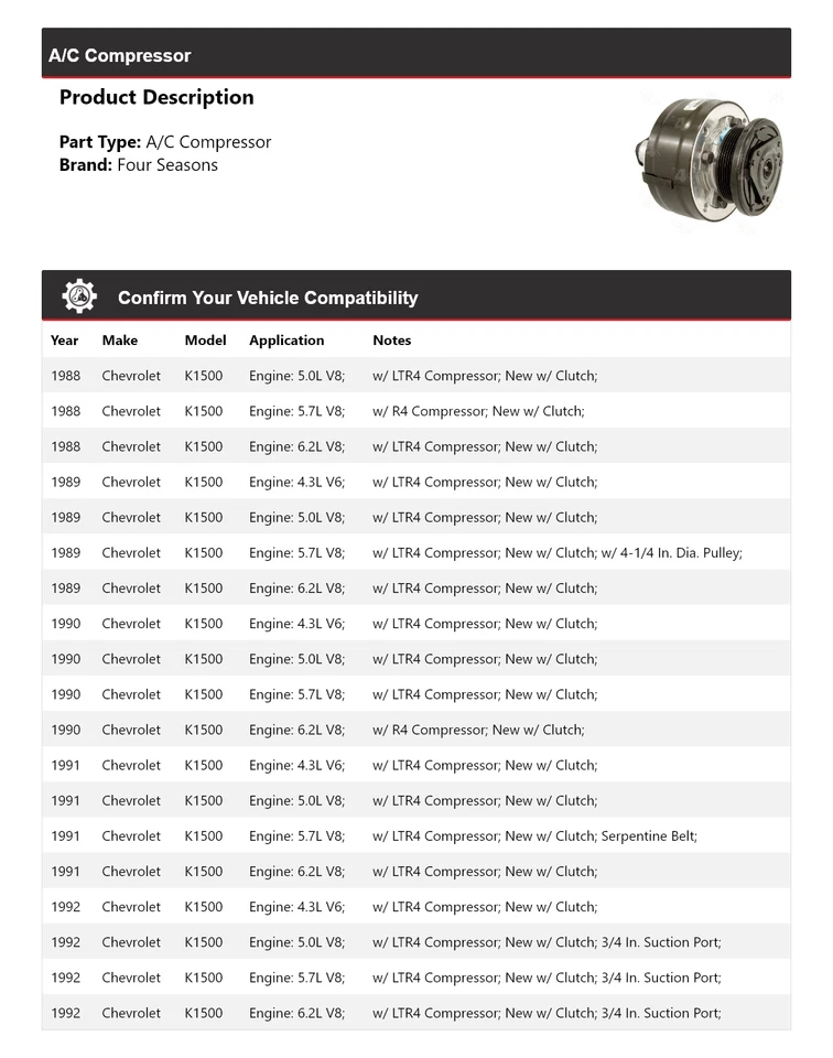 Compresor de aire acondicionado para Chevrolet K1500 1988-1992 4 estaciones 1989 1990 1991 Foto 2 de 4