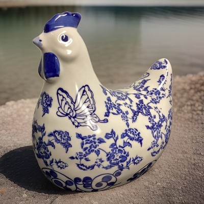 Blue And White Floral Ceramic Chicken Figurine Farmhouse Hen Decor