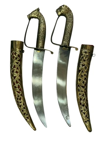 Golden look two  Kirpan wedding Purpose with Sheath steel blade   Carvings 13”