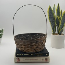 Vintage Woven Wood Round Basket with Tall Handle Brown Rustic Farmhouse Decor