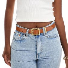 Leather Belts for Women Classic Black Belt Belt with Gold Square Buckle for J...