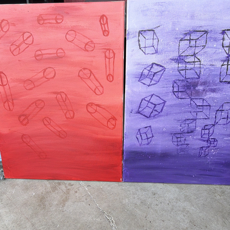 Signed Abstract Geometric Canvas Paintings Set of 2 Red & Purple Unframed