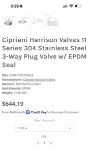 Cipriani Harrison Valves 11 Series 316 Stainless Steel 3-Way Plug Valve