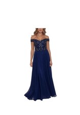 Xscape Navy Blue Beaded Chiffon Off Shoulder Long A-Line Formal Dress size 12