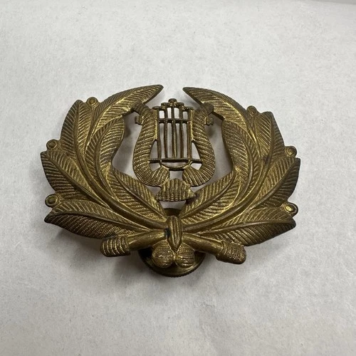 Brass Cap Badge Pin WW2 Military Musicians Harp