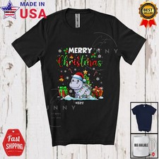Custom Name Merry Christmas; X-mas Tree Snow Santa Hippopotamus Animal T-Shirt