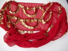 Vintage Belly Dancing Coin Scarf Red Hip Scarf Festival Costume 12x 84" Loops