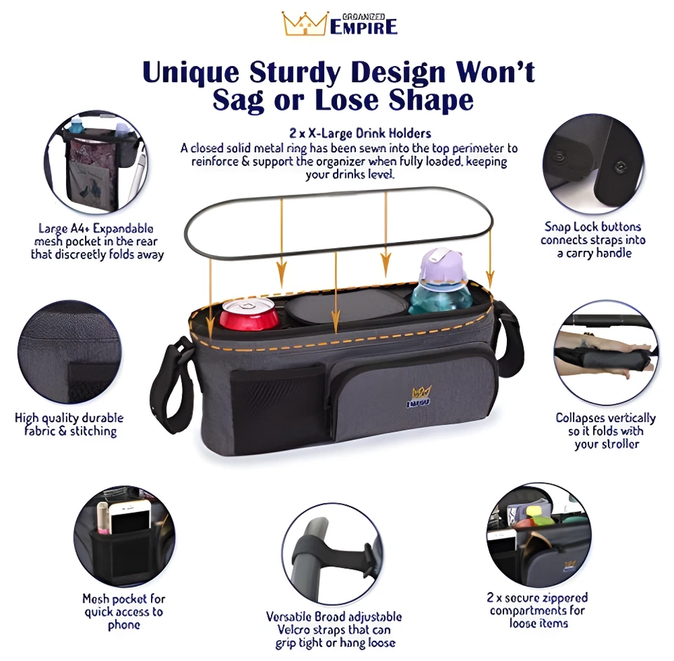 Cesta organizadora para cochecito de bebé con portavasos, diseño rígido premium Foto 3 de 4