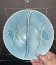 METLOX TULIP TIME VERNON WARE DIVIDED SERVING BOWL TURQUOISE BLUE CALIFORNIA