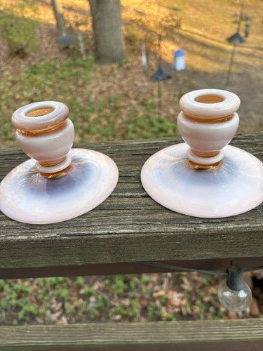 Fenton Cameo Opalescent Candlestick Holders VTG Pink Amber Mold 318 Stunning