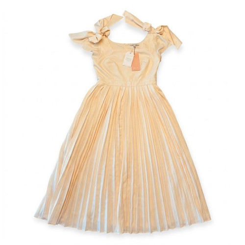 Ivy City Co Beige Satin Polyester Pleated Fit & Flare Bow Strap Midi S