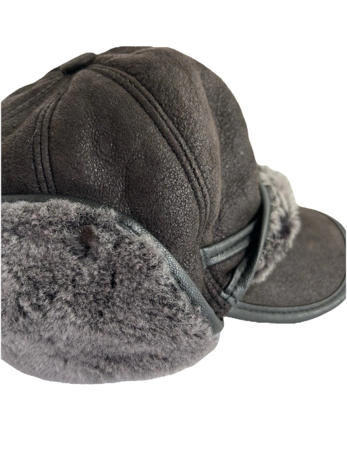 Crown Cap Hat LG Winter Genuine Shearling Sheep Brown Leather With Ear Flaps