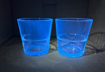 2 Libbey Clear with a Ring Lowball Bareware Whiskey Glasses Blue Manganese Glow