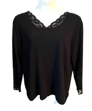 Victor Costa Black Lace Trimmed V Neck Long Sleeve Top Size 2X Rayon Nylon Shirt