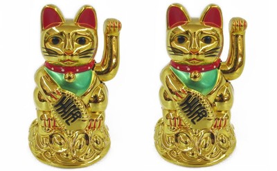 2 PCS Feng Shui GOLD BECKONING CAT Wealth Lucky Waving Kitty Maneki Neko 4'' Tall
