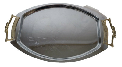 Vintage Kromex Metal Oval Serving Tray With Gold Handles Art Deco Mid Century