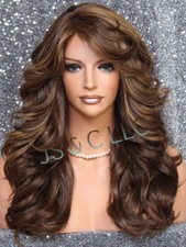 Human hair blend Full Wig Brown mixed Wavy Bangs Heat OK 8-27-613 WEPX