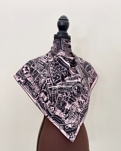 Louis Vuitton Paris Stamps Luggage Trunks Travel Black Pink Silk Scarf - Afbeelding 3 van 16