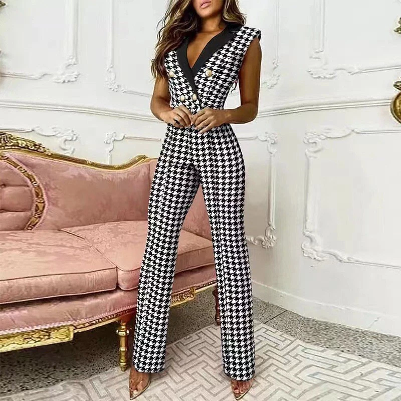 Damen Jumpsuit Elegant Lang Einteiler Sommer Hosenanzug V-Neck Ärmellos Overall - Bild 4 von 4