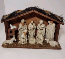 Wood Creche With Ceramic Nativity Set Christmas Barn Scene