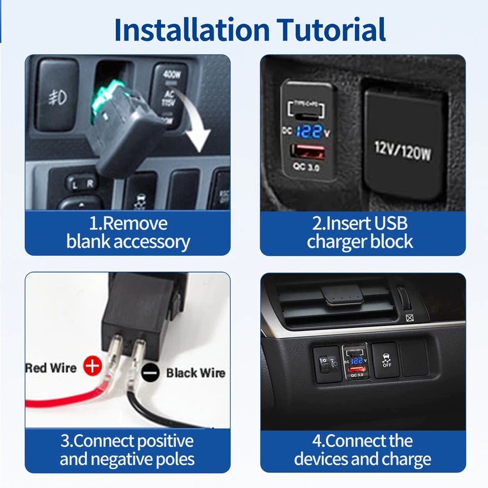 12V QC3.0 Type-C Dual USB Port Power Adapter Toyota USB Fast Car Charger Socket - Image 3 of 4