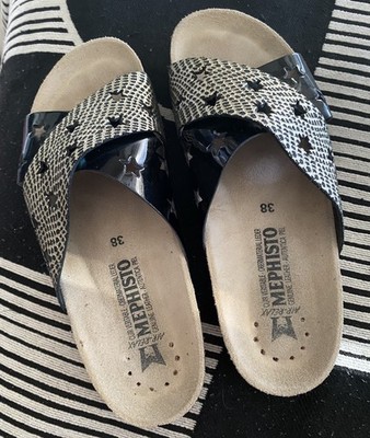 Mephisto Nanou Crisscross Star Black Patent&Gold Snake Leather Slide  Sz 38 RARE