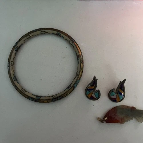 Vintage Costume Jewelry Fish Pendant , Bracelet and Stud Ear Rings