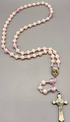 Vintage Pink Faceted Glass Rosary   Holy Family Centerpiece & Silver Crucifix