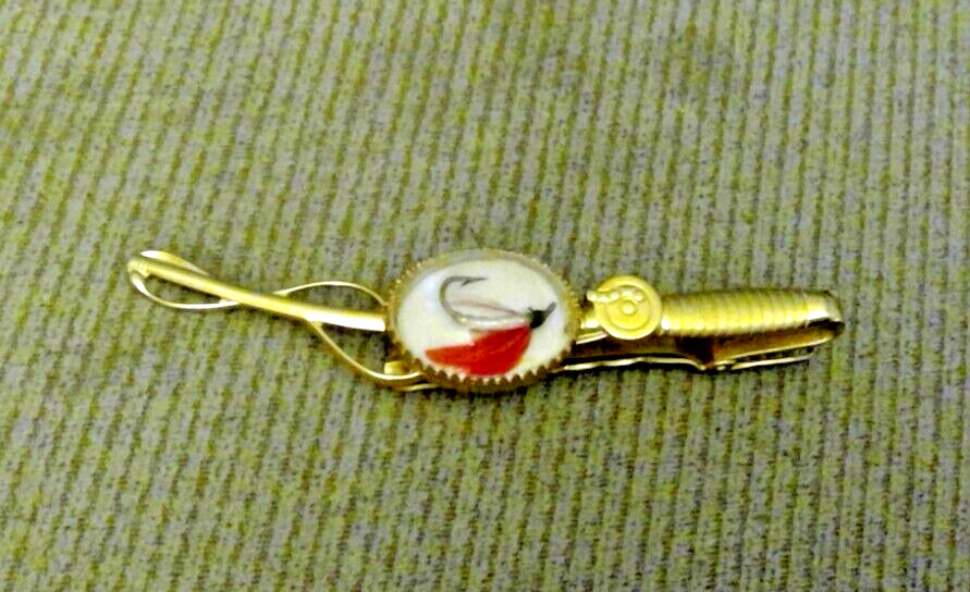 VINTAGE GOLD TONE FISHING POLE CLEAR BUBBLE LURE HOOK TIE CLASP 40s 50s ESTATE View 6