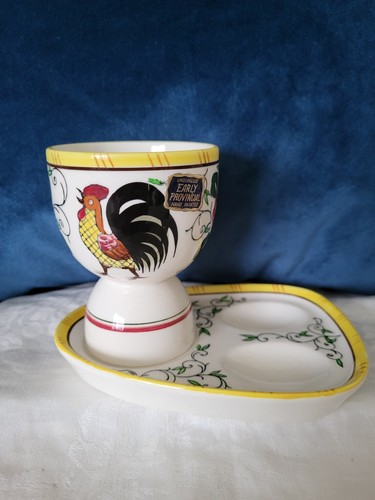 Ucagco Py Early Provincial egg cup and stand Rooster & Roses porcelain