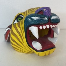 Efrain Fuentes Signed Mexican Folk Art Jaguar Tiger Wall Mask Oaxaca Carved Wood
