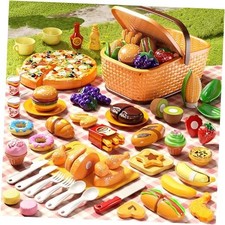 Pretend Play Food for Kids, Cutting Toy Food Set with Picnic Basket, Play