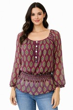Figueroa  Flower Women  s Boho Peasant Blouse L Purple Print Smocked Waist