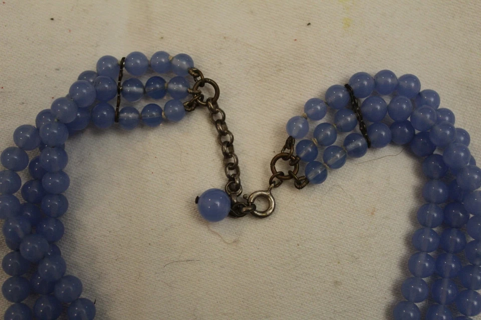 collier ras du cou  3 rangs perles en verre bleu ancien vintage - Photo 2/2