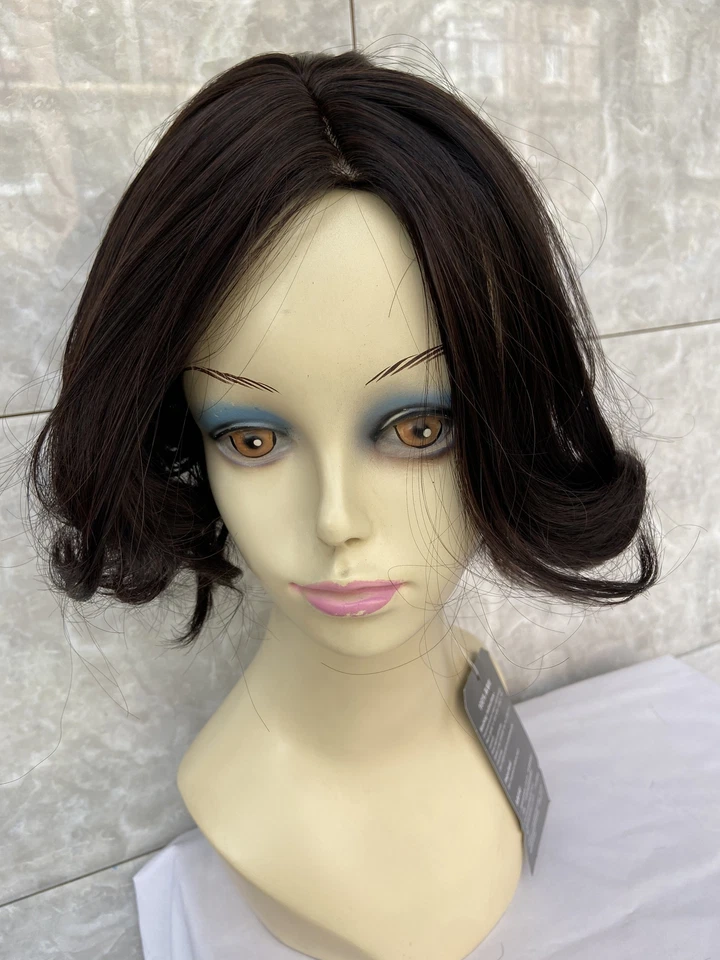 Perucas femininas naturais femininas de comprimento médio marrom escuro bob ondulado mistura de cabelo humano calor ok - Imagem 2 de 4