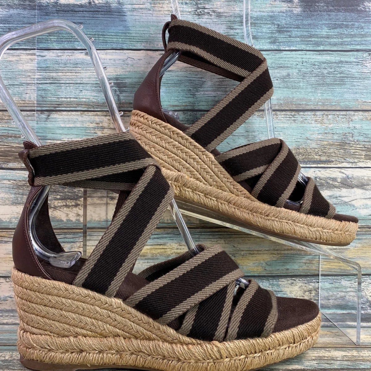 Tory Burch Espadrille Wedge Sandal Womens 5 Brown Stretch Straps Slip On