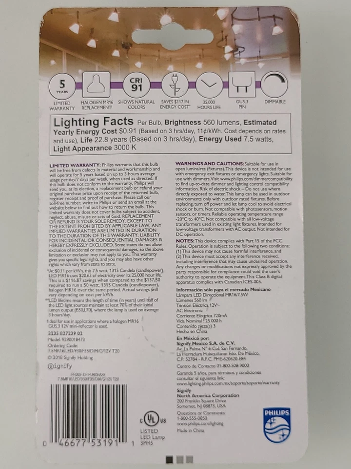 Philips 50w MR16 - 7.5w LED Bulb 3-Pack Dimmable Bright White Indoor Flood New - Image 2 of 2