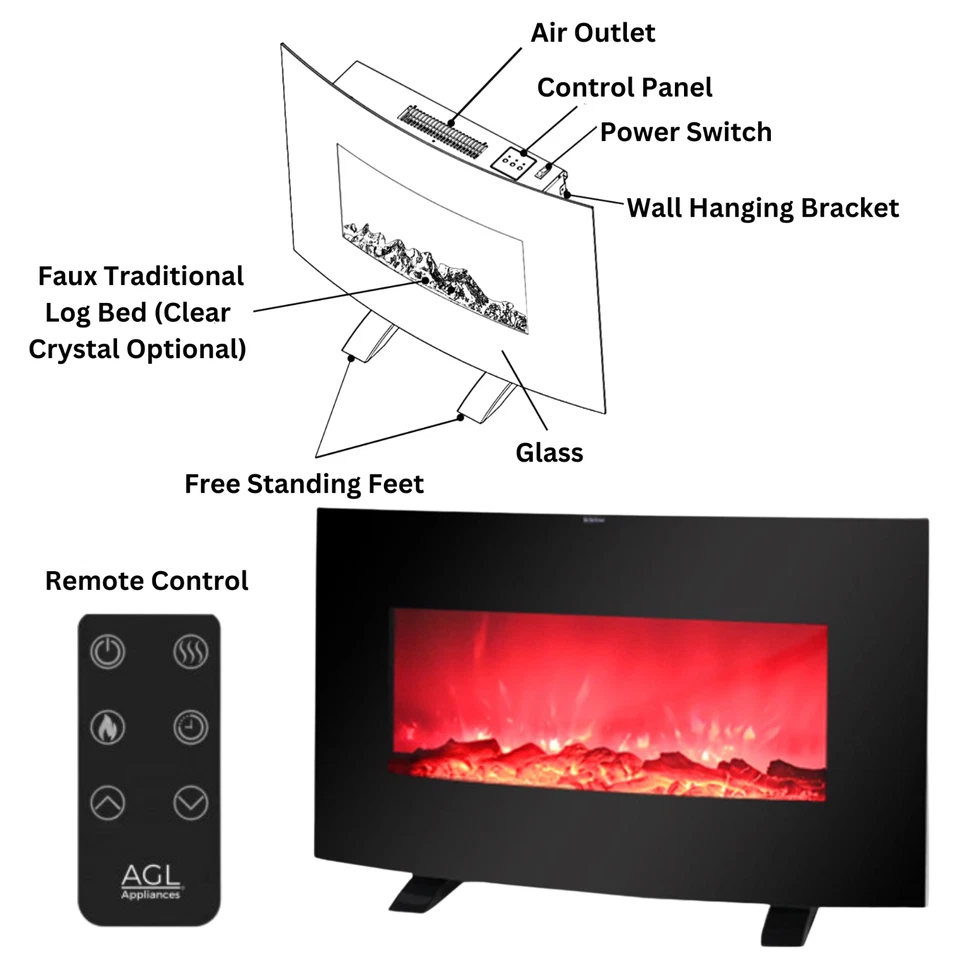 38 Inch Electric Fireplace Heater Stove | Tempered Glass Curved Screen with Log - Image 3 of 4
